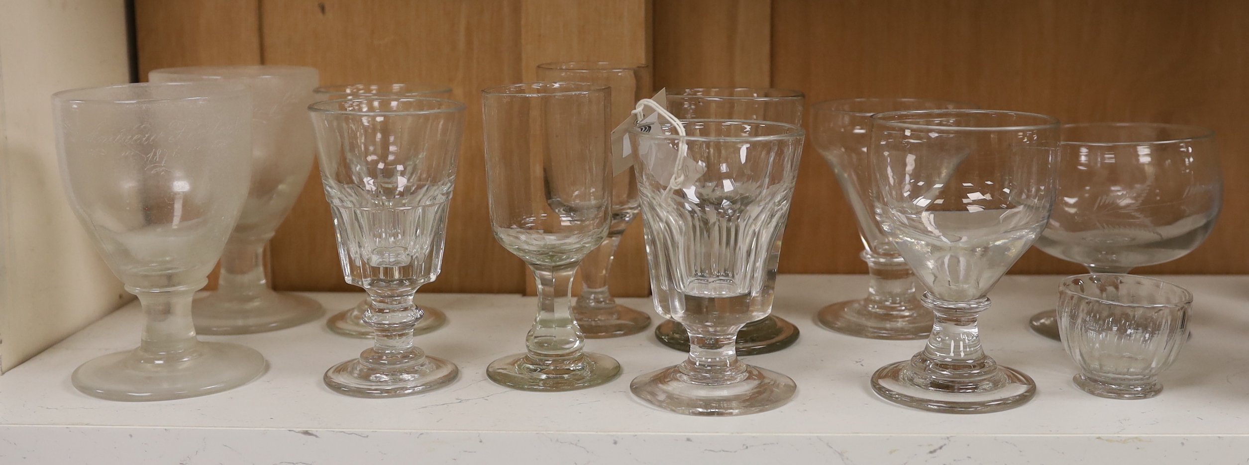 A selection of various glasses including rummers, 19th century and later, tallest 15cm